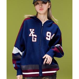 ニット セーター NUMBER AND LOGO JACQUARD ZIP UP KNIT TOP レディース メンズ