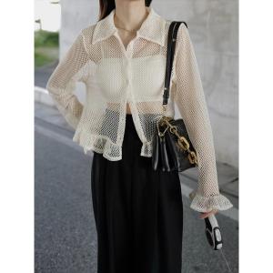 ブラウス シャツ フリルヘム メッシュポロトップ ｜ アイボリー レディース