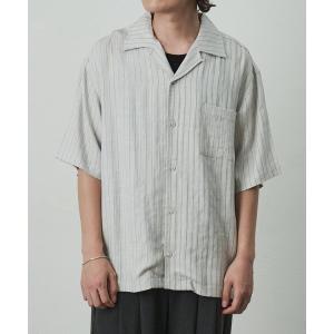 シャツ 半袖 麻混ストライプオープンカラーシャツ メンズ