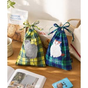 ポーチ 「Matsuo Miyuki」- チェック猫刺繍シアー巾着ポーチ -透け感チェックと猫刺繍が可愛い、毎日持ち歩きたくなる軽やかなポーチ。