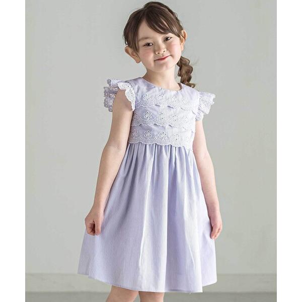 ワンピース 「お揃い」コットンブロードストライプパンチングレースフリル袖ワンピース キッズ 子供服 ...
