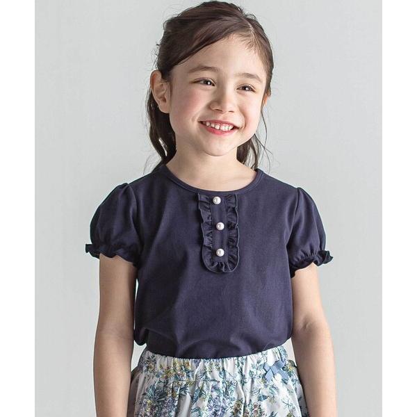 tシャツ 飾りパールボタン付きフリル前立てパフスリーブTシャツ キッズ 子供服 女の子