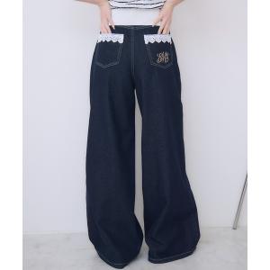 ジーンズ デニム デニムパンツ レース付きワイドデニムPT レディース