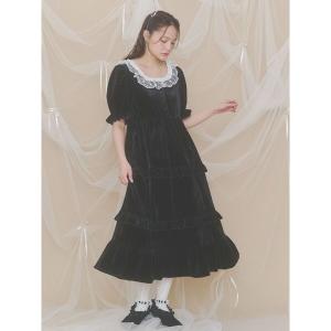 ワンピース 半袖 ベロアパフスリーブワンピース