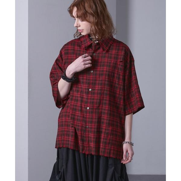 シャツ 半袖 distressed short-sleeved check shirt/ダメージ加工...