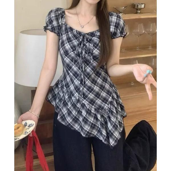 tシャツ 半袖 フロントリボンアシンメトリーチェック半袖ブラウス / イレギュラーヘム ミニ ワンピ...