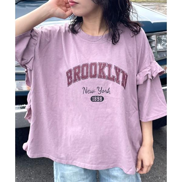 tシャツ 袖フリルカレッジビッグTシャツ レディース