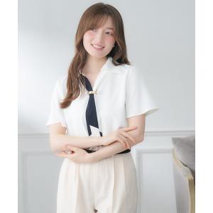ブラウス シャツ 金具付き配色ボウタイブラウス(半袖) レディース