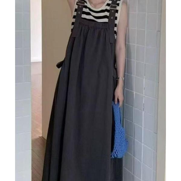 ワンピース 調整可能ストラップ サロペットワンピース ギャザーマキシ丈