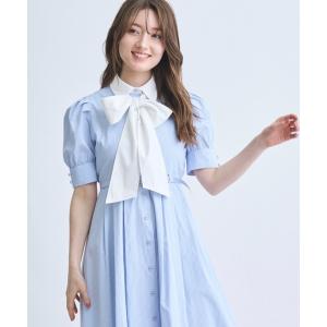 ワンピース リボン付きストライプシャツワンピ―ス
