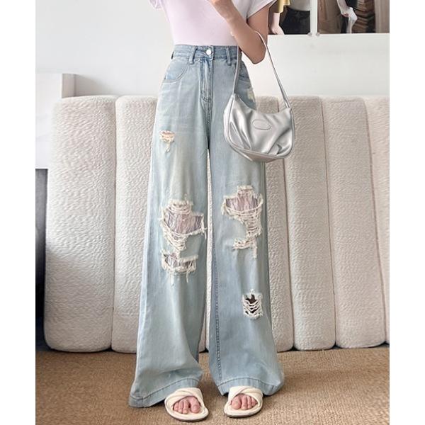 ジーンズ デニム デニムパンツ ダメージ加工ハイウエストワイドデニムパンツ レディース