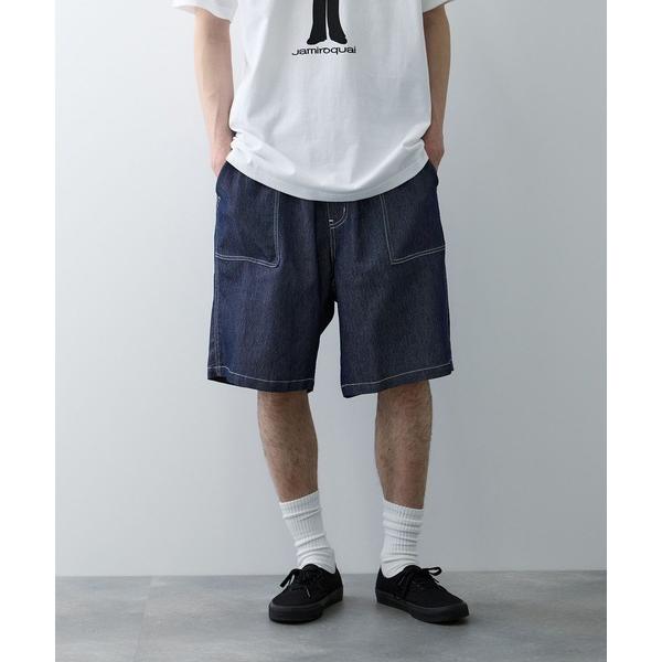 ワイドパンツ ジーンズ NAVY デニムライク ベイカーショートパンツ メンズ