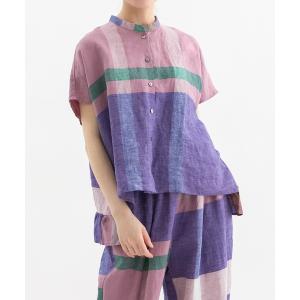 ブラウス シャツ リネンパネルチェック後ろフリルシャツ レディース