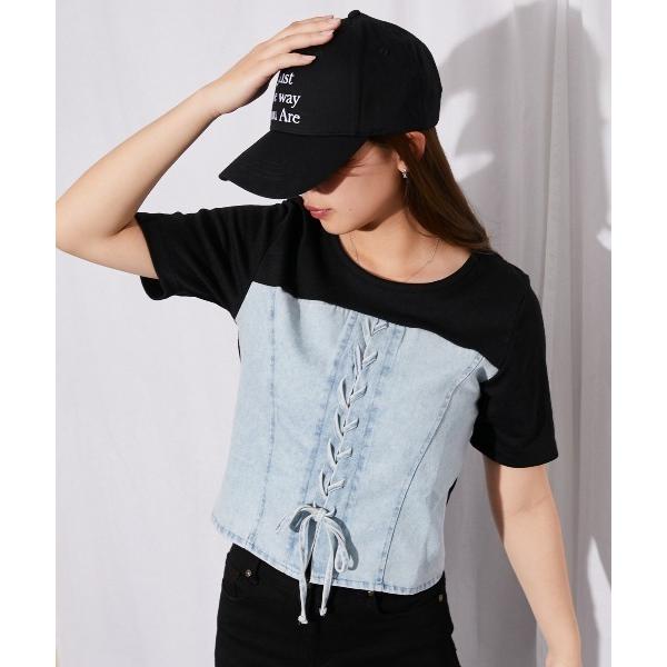 tシャツ 半袖 「レースアップデニム切替」カットソー／ストリート×Y2K／春夏／全2色 レディース