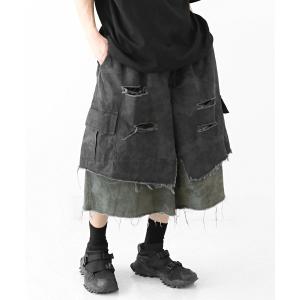 ワイドパンツ カーゴパンツ 「ハイエンド級クオリティ」チャコール×カーキカモ レイヤードデザイン ダメージカーゴワイドショーツ メンズ レディース