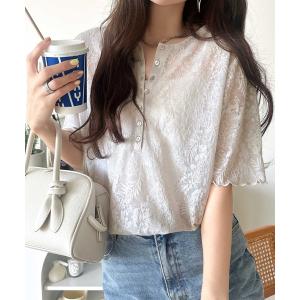 ヘンリーネック tシャツ 半袖 「７月上旬再入荷」シアー花柄ジャガードで魅せる大人のこなれ感。総柄シアーヘンリートップス（半袖） レディース