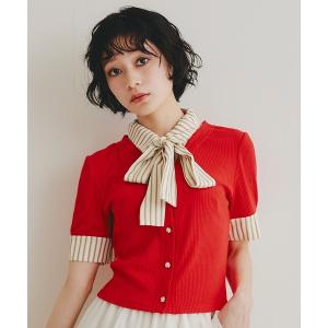 ニット セーター ストライプリボンタイレイヤードニットトップス レディース