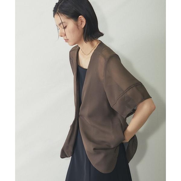 ジャケット ノーカラージャケット メッシュパフスリーブ半袖ジャケット レディース