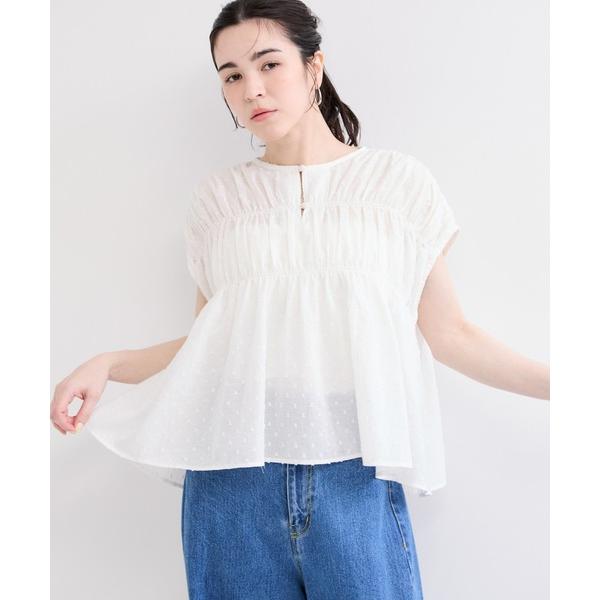 ブラウス シャツ ドット刺繍ギャザーブラウス レディース