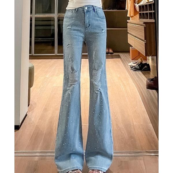 ジーンズ デニム デニムパンツ ダメージ加工 ラインストーン フレア デニムパンツ レディース