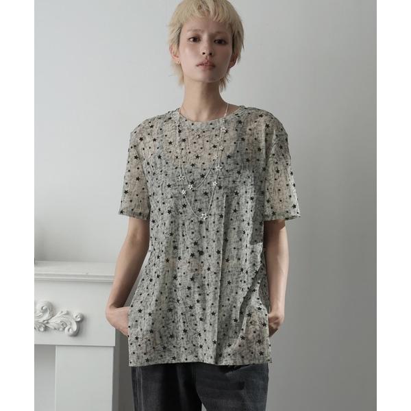 tシャツ 半袖 星柄デザインボタン付きスリットTシャツ レディース