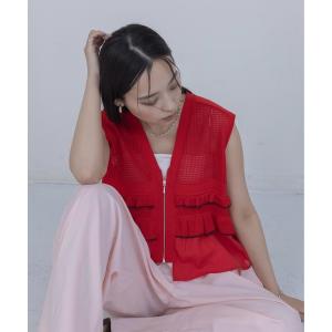ベスト ジレ ティアードフリル メッシュニットベスト レディース