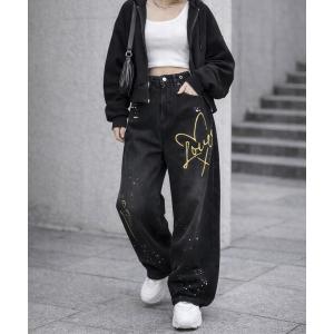 ジーンズ 刺繍入り カーブデニムパンツ ワイドジーンズ ユニセックス Bling Leads メンズ レディース