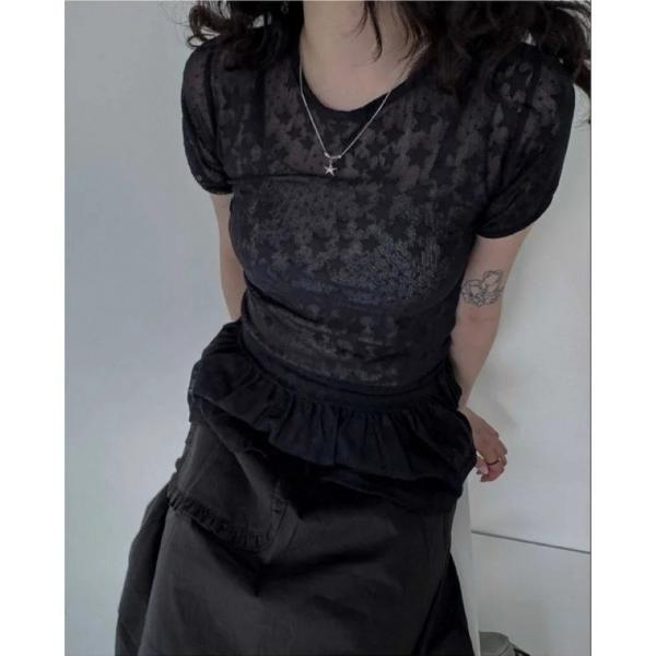 tシャツ 星柄レース　裾フリルトップス レディース