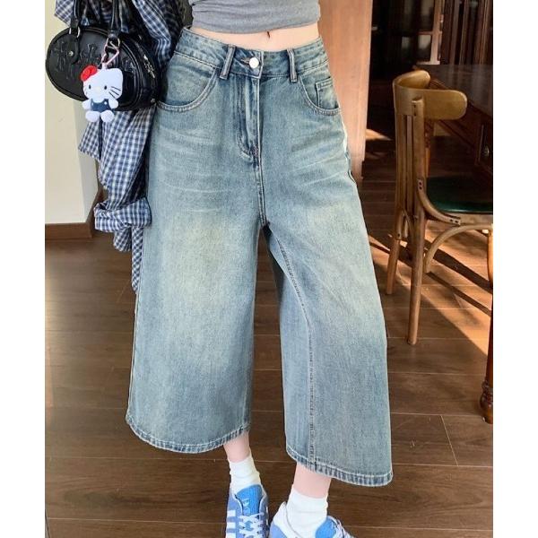 ジーンズ デニム デニムパンツ ヴィンテージウォッシュ  ルーズワイドデニムクロップドパンツ レディ...