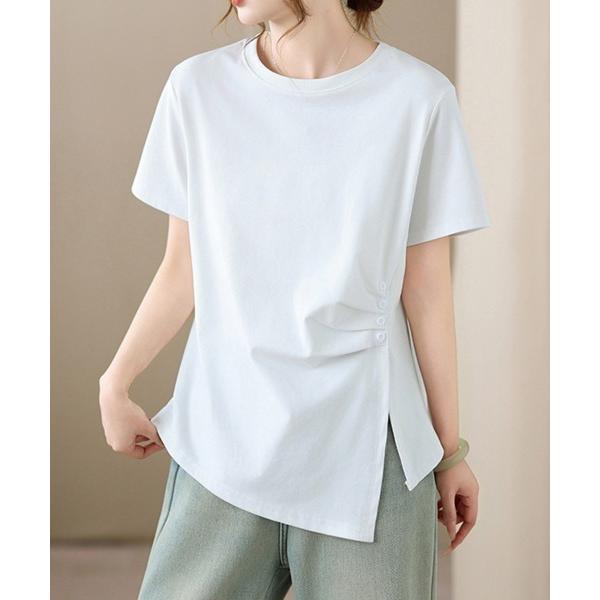 tシャツ アシンメトリーサイドボタンTシャツ レディース