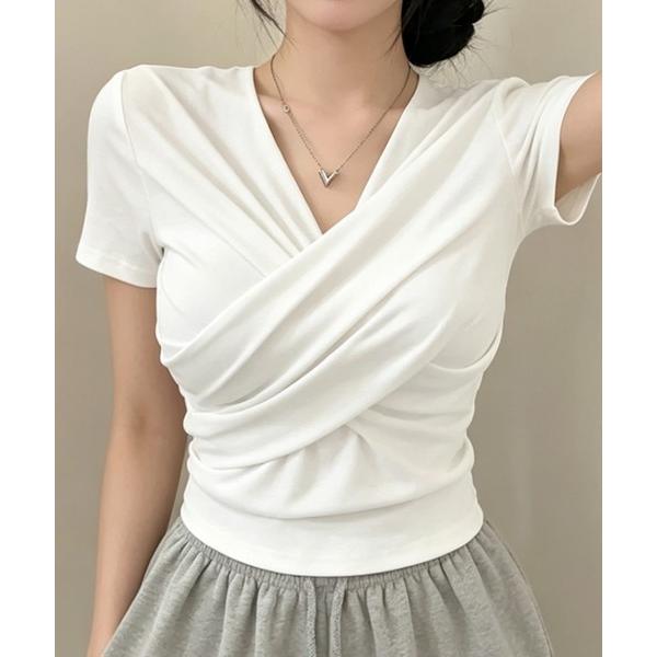 tシャツ クロスデザインVネックトップス レディース