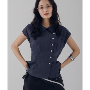 ブラウス シャツ 夏 半袖 asymmetry button french sleeve shirt / アシンメトリーボタンフレンチスリーブシャツ レディース