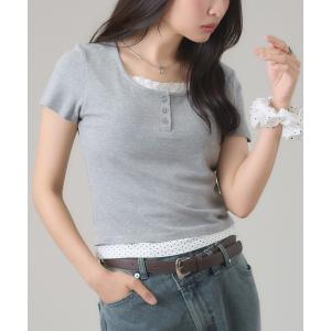 ヘンリーネック tシャツ 半袖 レイヤードヘンリートップス レディース