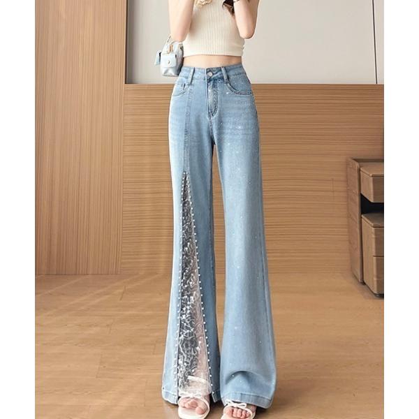 ジーンズ デニム デニムパンツ レース切替ワイドデニムパンツ レディース
