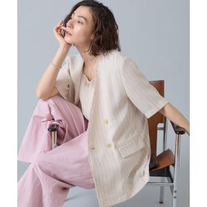 ジャケット ノーカラージャケット 麻調ハーフスリーブジャケット レディース
