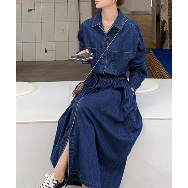 「ONEP STAR」 シャツワンピース X-LARGE ダークブルー レディース