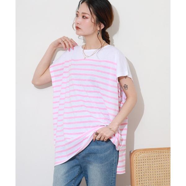 tシャツ CVC天竺パネルボーダープリントルーズTシャツ ノースリーブ レディース