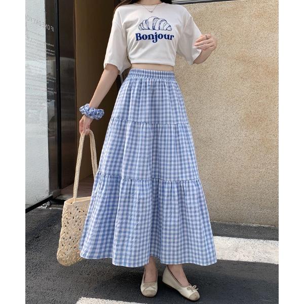 ロング スカート ギンガムチェックティアードロングスカート
