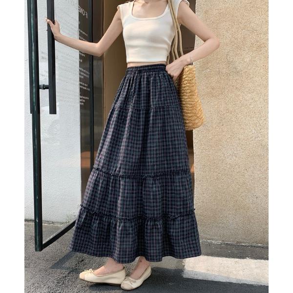 ロング スカート チェック柄ティアードロングスカート
