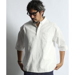 七分袖 シャツ LINEN BLEND PULLOVER B.D SHIRT：綿麻素材 7分袖 プルオーバー ボタンダウンシャツ メンズ