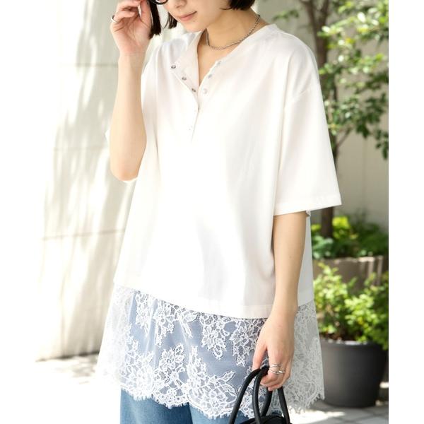 ヘンリーネック tシャツ 半袖 「接触冷感」2WAY 裾レース ヘンリーネック半袖Tシャツ レディー...
