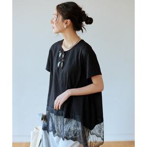 tシャツ レース切り替えハーフスリーブカットソー レディース