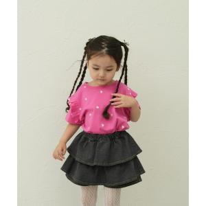 tシャツ 「綿100%」ガールズ 総柄 ハート刺繍 半袖フリルTシャツ キッズ 子供服 女の子