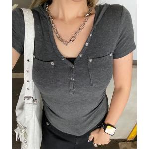 ヘンリーネック tシャツ 半袖 ヘンリーフードサイドドロストトップス レディース