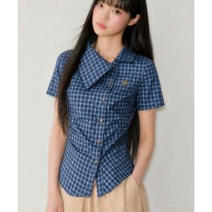 ブラウス シャツ 「26新色追加」アシンメトリーデザイン 半袖チェック シャツ レディース