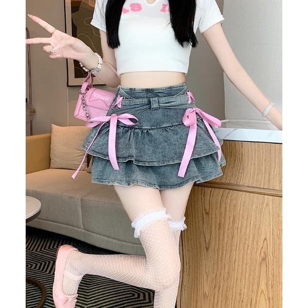 スカート デニム ストレッチ ティアード プリーツ スカート