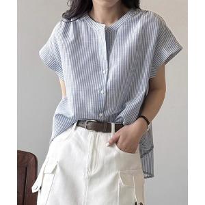 ブラウス シャツ 半袖 ストライプ エレガント クルーネック 半袖 シャツ レディース