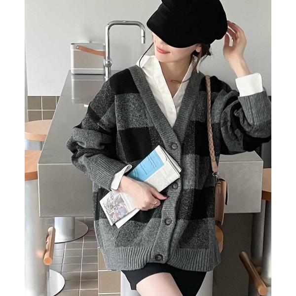 「Java」 ニットカーディガン X-LARGE チャコールグレー レディース