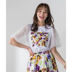 tシャツ 「KEITA KAWASAKI × Viaggio Bluコラボ」袖チュールプリントTシャツ レディース