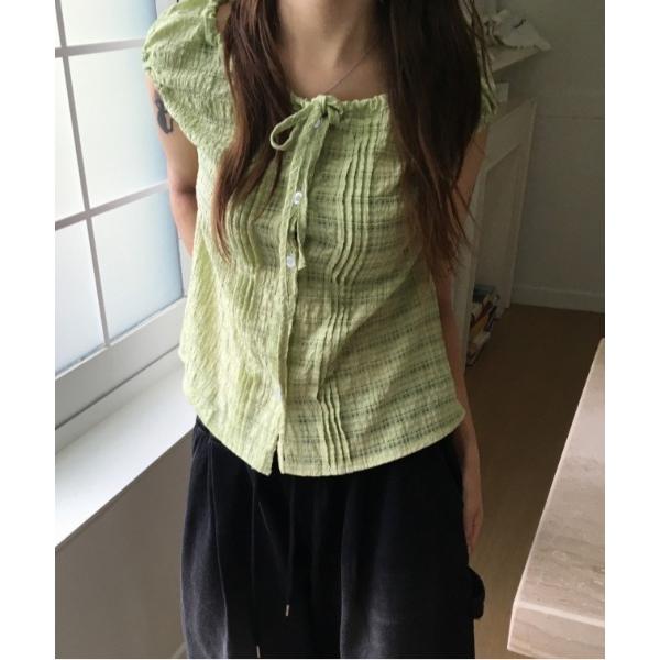 ブラウス シャツ 半袖 チェック柄シングルブレストシャツ レディース